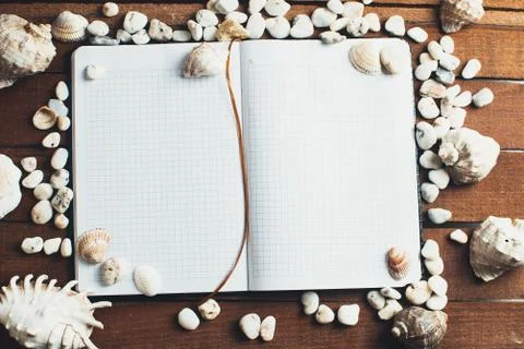 Notepad around him shells Stock Photos