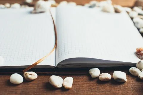 Notepad around him shells Stock Photos