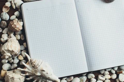 Notepad around him shells Stock Photos