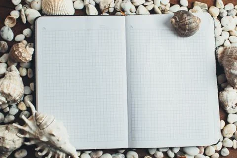 Notepad around him shells Stock Photos