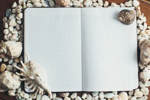 Notepad around him shells Stock Photos