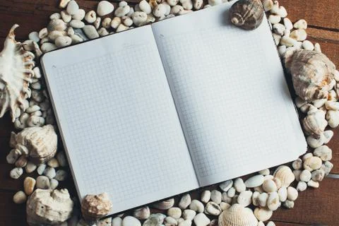Notepad around him shells Stock Photos