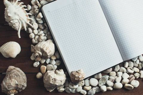 Notepad around him shells Stock Photos