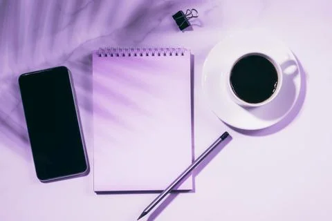 Notepad blank for to-do list or goals coffee cup office supplies stationery Stock Photos