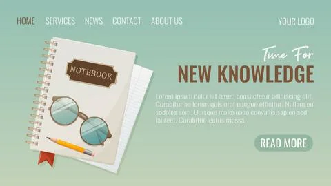 Notepad with bookmark, notebook sheet with glasses and pencil, website Stock Illustration