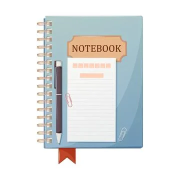 Notepad with bookmark, pen, paper clips and blank sheet for notes. Stock Illustration