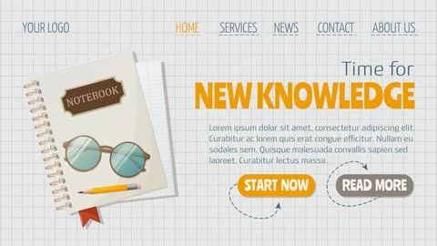 Notepad with bookmark, sheet, glasses, pencil. Time for new knowledge Stock Illustration