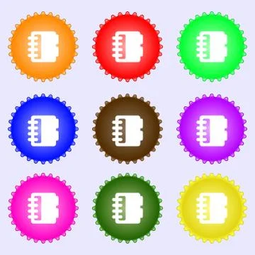 Notepad, calendar icon sign. A set of nine different colored labels. Vector Illustrazione stock