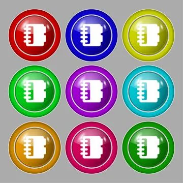 Notepad, calendar icon sign. symbol on nine round colourful buttons. Vector Illustrazione stock