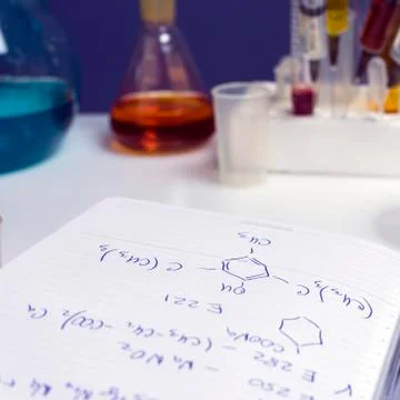 Notepad with the chemical formulas of additives E, test tubes and syringes ne Stock Photos
