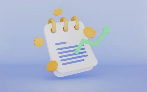 Notepad with coin chart up arrow sign for financial growth document concept Иллюстрация