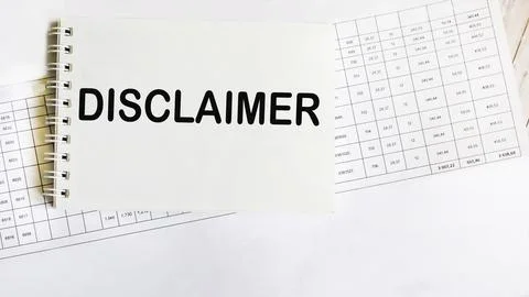 Notepad with disclaimer text lying on documents and white background Stock Photos