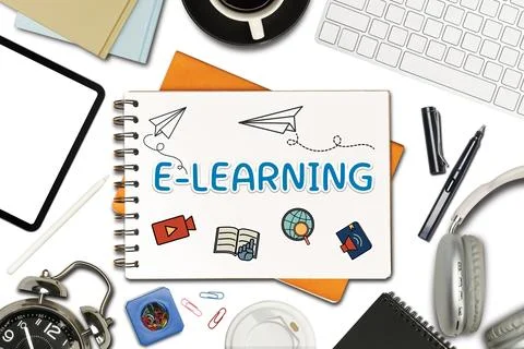 Notepad with e-learning word, digital tablet, headphone and stationery on white Stock Illustration