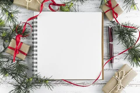 Notepad with fir tree branches table . High quality and resolution beautifu.. 写真素材