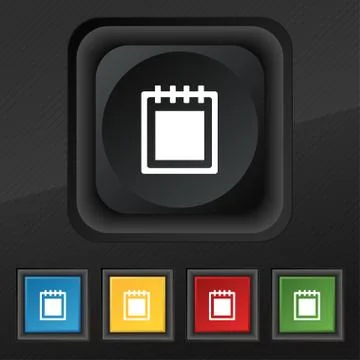 Notepad icon symbol. Set of five colorful, stylish buttons on black texture f Illustrazione stock