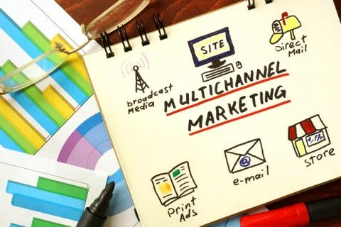 Notepad with multi channel marketing on the table. Stock Photos
