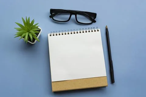 Notepad with notepad, potted plant, pend and glasses. Flat lay. Directly abov Stock Photos