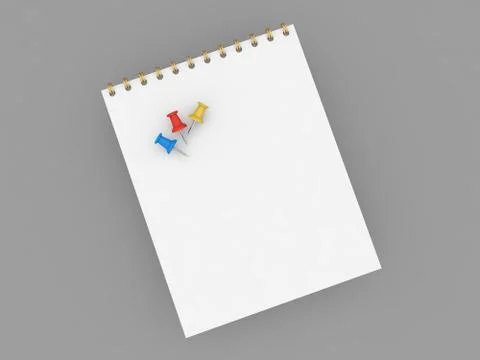 Notepad for notes with push pins on a gray background. . Stock Illustration