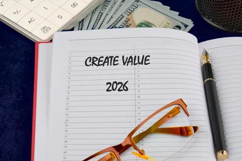 Notepad open to create value with the year 2026 written below. Nearby, there are Fotos Stock