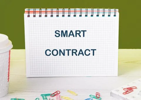 A notepad open to the page labeled smart contract is displayed, showcasing .. Stock-Fotos