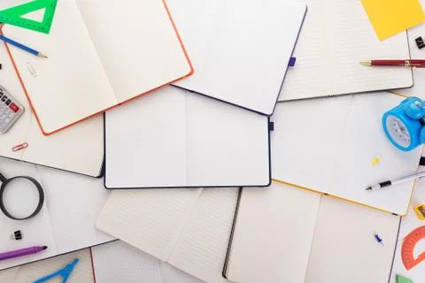 Notepad or notebook with school supplies Stock Photos