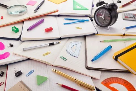 Notepad or notebook with school supplies Stock Photos