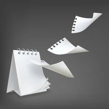 Notepad paper flying, vector realistic paper sheets, curled pages fly up from Stock Illustration