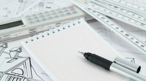 Notepad, pen and architectural drawings Stock Footage 662997