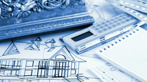 Notepad, pen and architectural drawings Stock Footage 668929