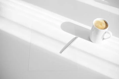 Notepad, pen, coffe  on white table Stock Photos