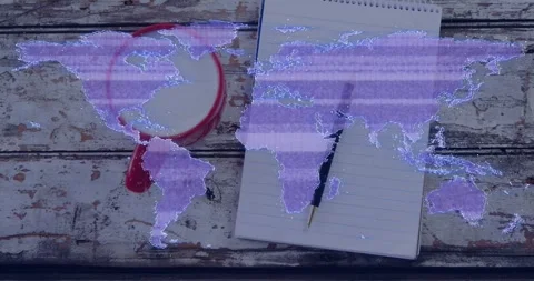 Notepad with pen right, app booting firing purple map overlay shifting right, Stock Footage 331169290