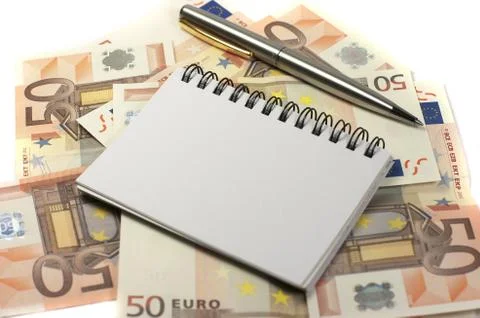 Notepad, pencil and banknotes Stock Photos