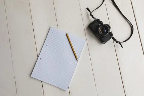 Notepad, pencil and camera Foto stock