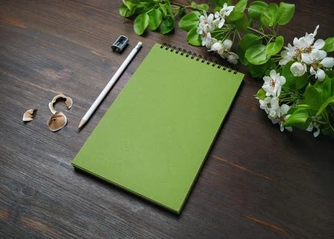 Notepad, pencil, sharpener, flowers Blank orange notepad, pencil, sharpene... Stock-Fotos