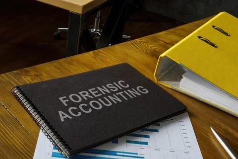 Notepad with phrase forensic accounting, folder and papers. Stock Photos