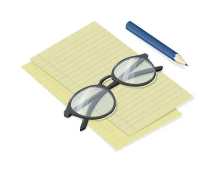 Notepad Sheets with Folded Glasses and Pen Vector Stock Illustration