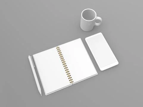 Notepad smartphone mug pen mockup on gray background. Stock Illustration