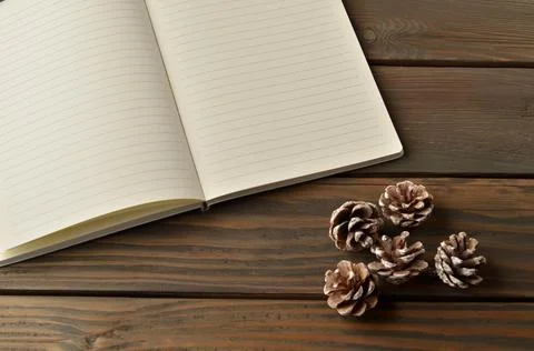 Notepad with space for text with spruce cones on a brown wooden background. Stock Photos