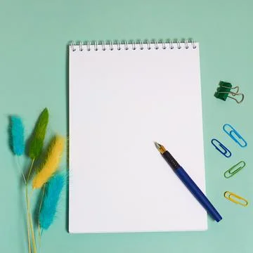 Notepad with spring, fountain pen, paper clips and dried lagurus flowers Stock Photos
