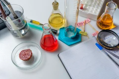 Notepad, tablets with additives E, test tubes and laboratory equipment. Food  Stock Photos