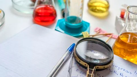 Notepad, tablets with additives E, test tubes and laboratory equipment. Food  Stock Photos