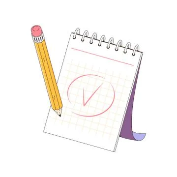 A notepad for taking notes. The pencil writing note. Mark done. Vector Stock Illustration