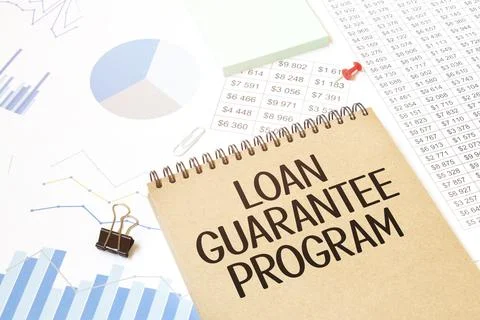 Notepad with text LOAN GUARANTEE PROGRAM. Diagram and white background Foto stock
