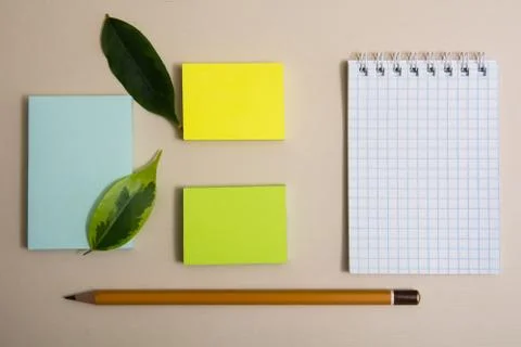 Notepad three different colored sticky papers and two pencils on a light back Stock Photos