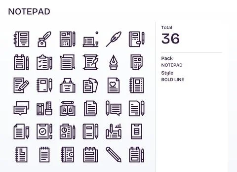 Notepad Vector Graphics Pack including 36 Bold Line 64x64 Pixel Optimized Ico Stock Illustration