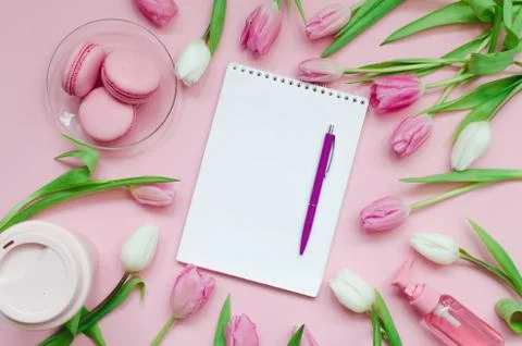 Notepad wish list for future plans. flat lay composition with flowers, a note Stock Photos