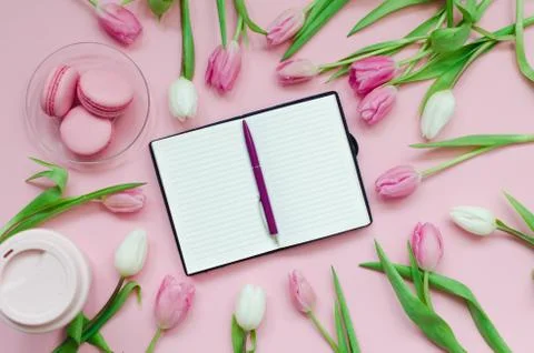 Notepad wish list for future plans. flat lay composition with flowers, a note Stock Photos