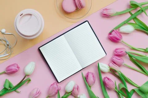 Notepad wish list for future plans. flat lay composition with flowers, a note Stock Photos