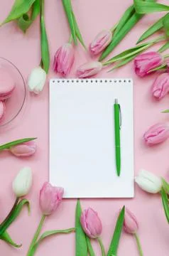 Notepad wish list for future plans. flat lay composition with flowers, a note Stock Photos