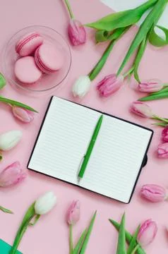 Notepad wish list for future plans. flat lay composition with flowers, a note Stock Photos
